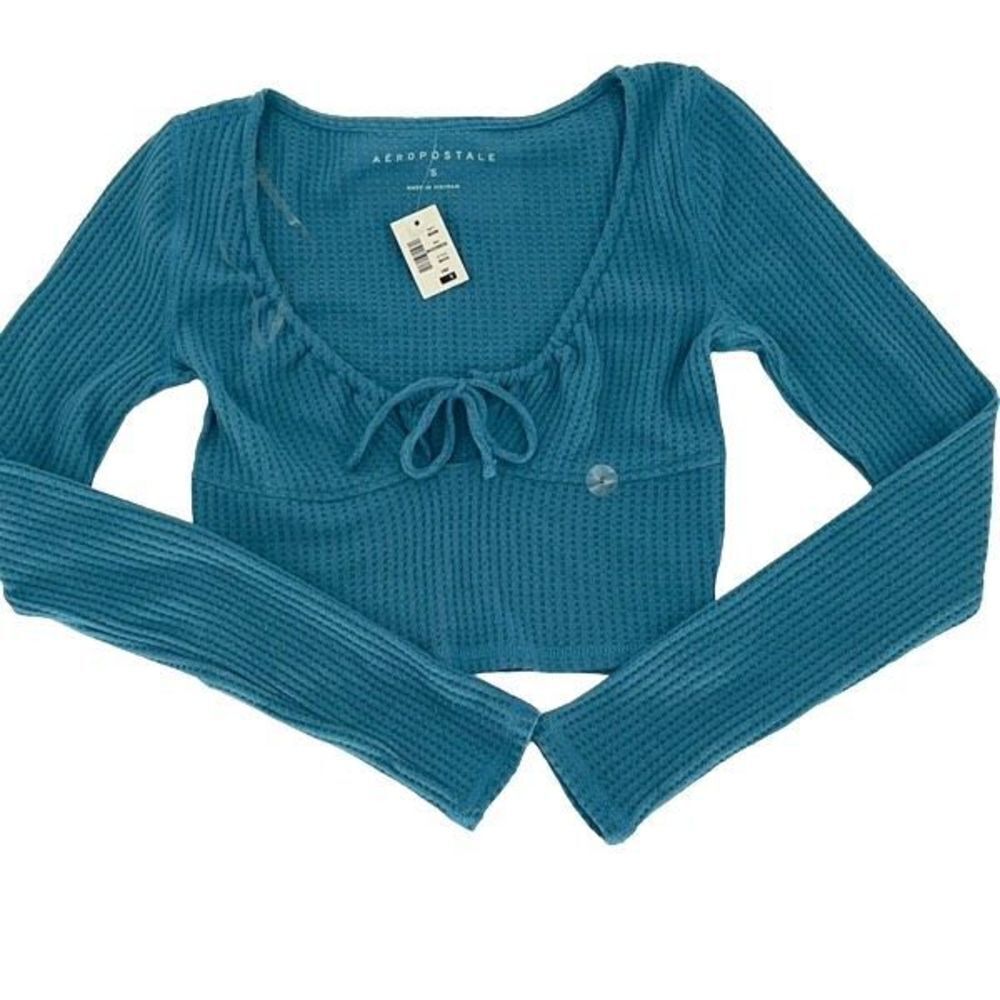 Aeropostale Womens Stretch Long Sleeve Tie-Front Cropped‎ Top Blue Small NWT